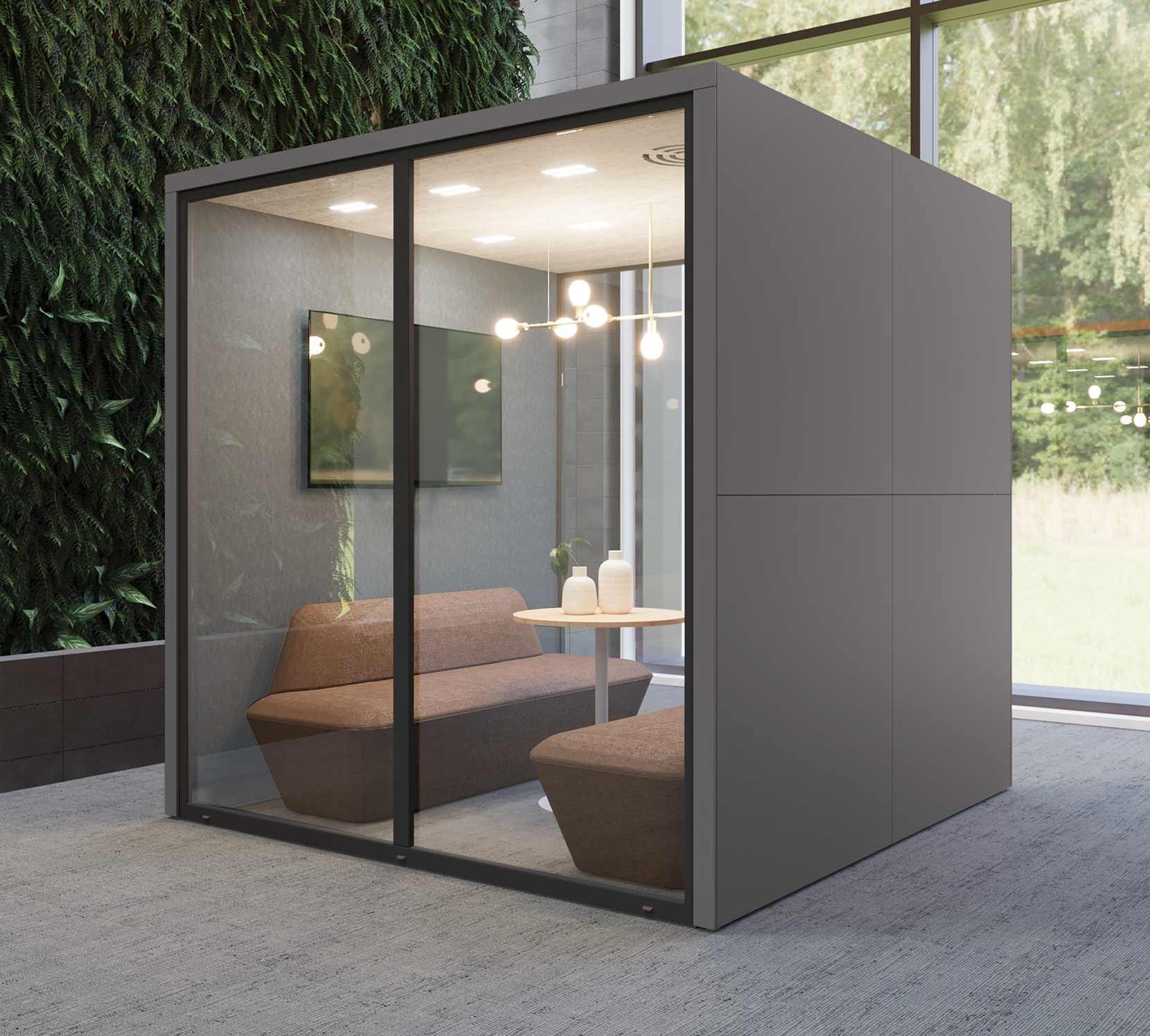 Dos personas colaborando de pie en un escritorio Leva.