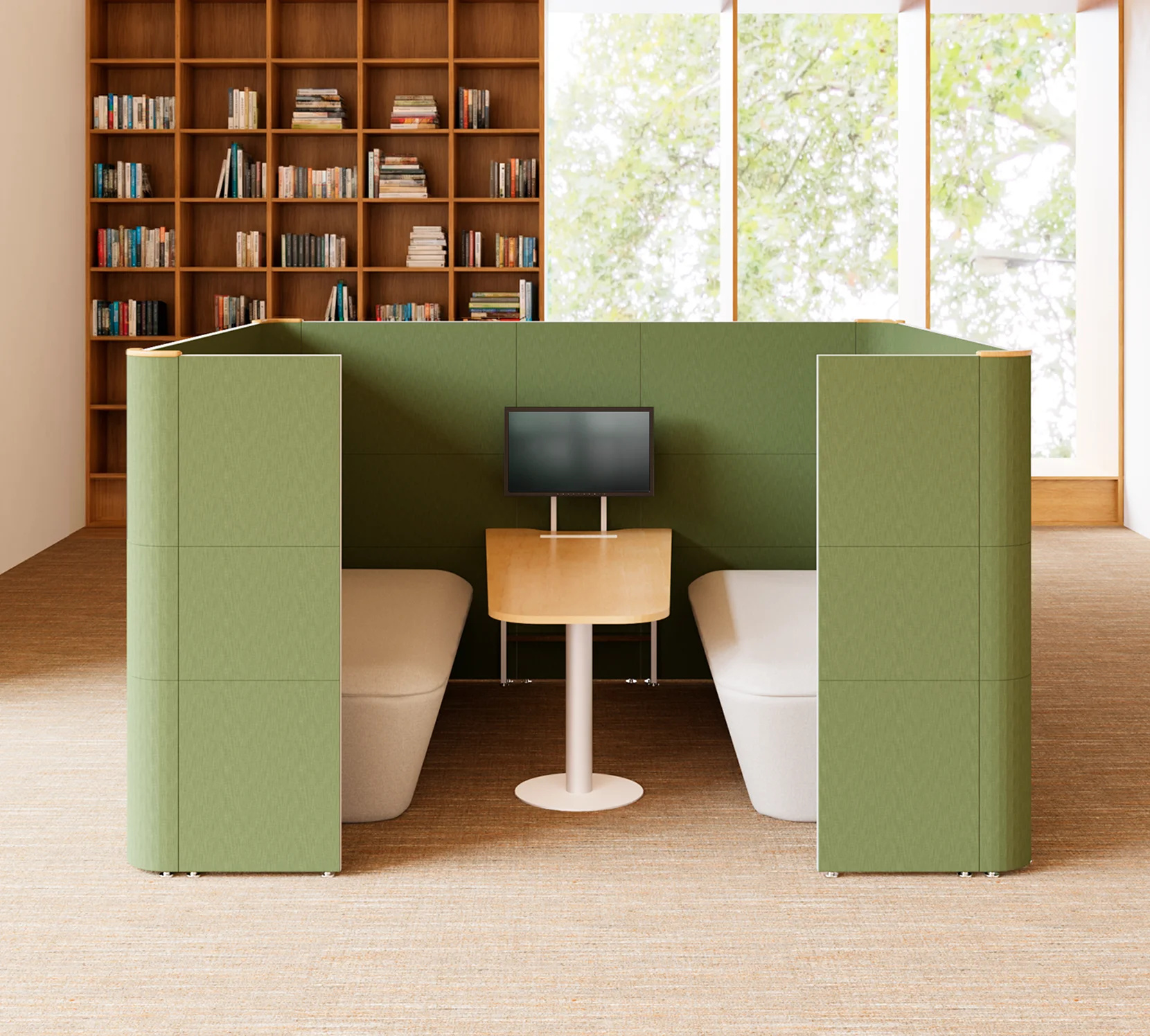 Dos personas colaborando de pie en un escritorio Leva.